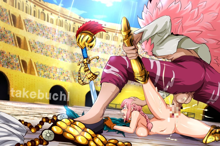 1boy 1girls arena audience clothed_male_nude_female colosseum cum_in_pussy defeated donquixote_doflamingo female femsub gold_heels helmet helmet_removed humiliation male maledom one_piece onlookers pointless_censoring public rape rebecca_(one_piece) sex sword takebuchi