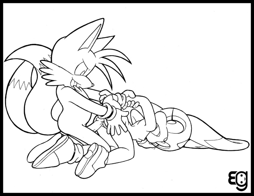 anthro canine cream_the_rabbit epilepticgerbil female fox from_behind fur furry interspecies kneeling line_art looking_at_another looking_back male mammal monochrome nude rabbit sega sex side_view sonic_(series) straight tagme tails