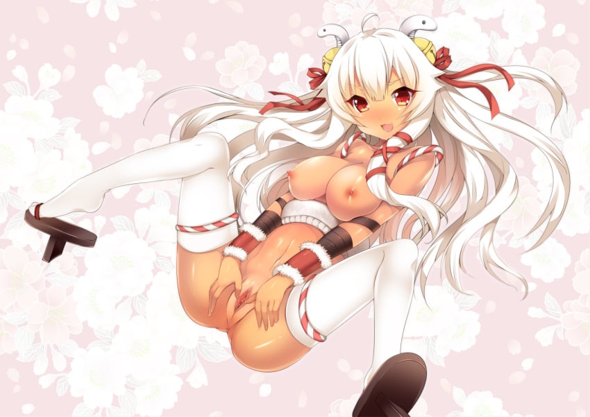 1girls abs blush breasts clitoris cute_fang dark-skinned_female dark_skin duji_amo female geta hair human labia leggings legs long_hair lying_down nipples open_mouth pussy red_eyes smile solo spread_legs spread_pussy thighhighs uncensored white_hair white_legwear