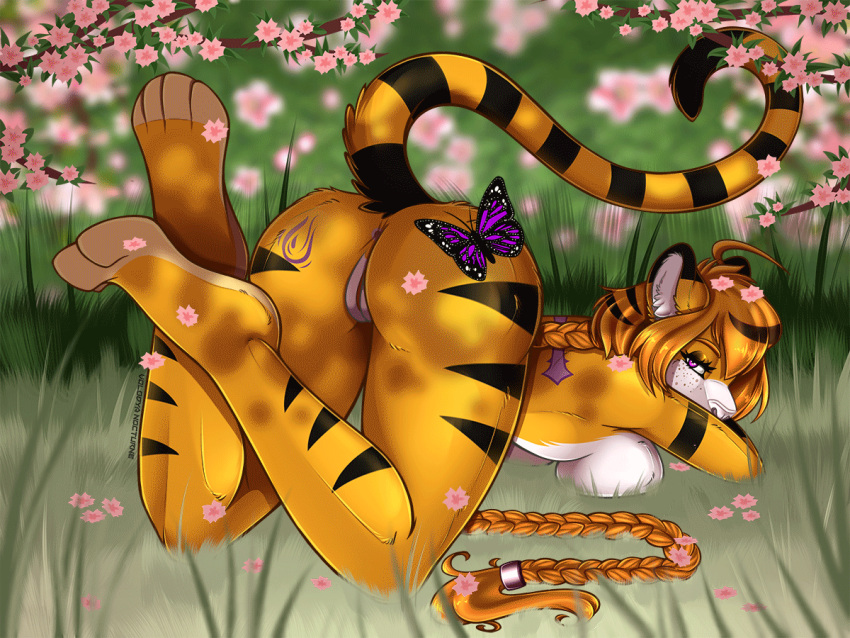 accessory animated anthro anus ass ass_up blonde_hair butt_tattoo butterfly_(accessory) felid female flower flower_in_hair fur genitals hair hair_accessory long_tail mammal on_grass one_eye_closed pantherine plant pussy short_hair solo stripes_fur tattoo tiger volodyanocturne wink yellow_body