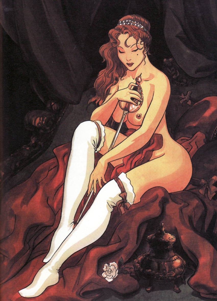 1girls ansea breasts closed_eyes enrico_marini female female_only full_body holding_sword human le_scorpion legwear mostly_nude nipples pale_skin sitting solo tagme tasteful_nudity