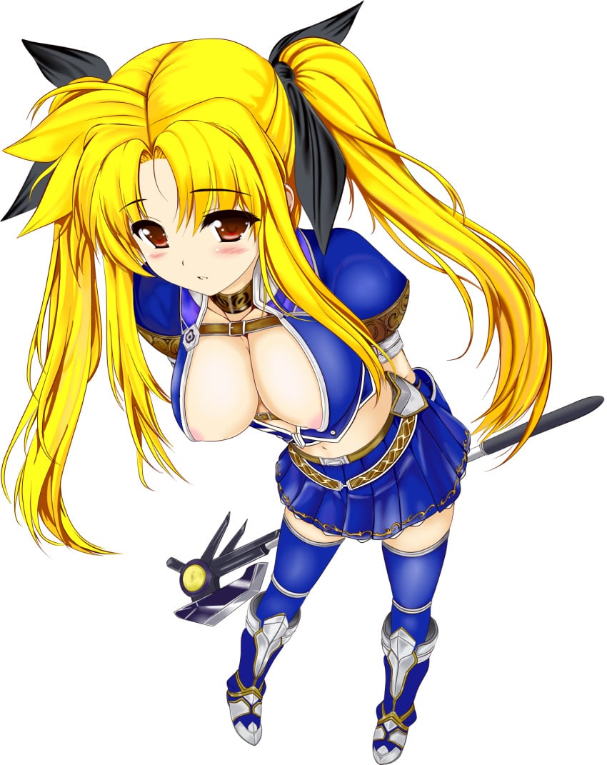 asuru azul_(armor) bardiche blonde_hair blush breasts capcom cape center_opening cleavage colored cosplay down_blouse fate_testarossa highres long_hair lyrical_nanoha mahou_shoujo_lyrical_nanoha mahou_shoujo_lyrical_nanoha_strikers midriff monster_hunter monster_hunter_frontier navel nipple_slip nipples no_bra red_eyes ribbon thighhighs tied_hair twintails uni8 very_long_hair