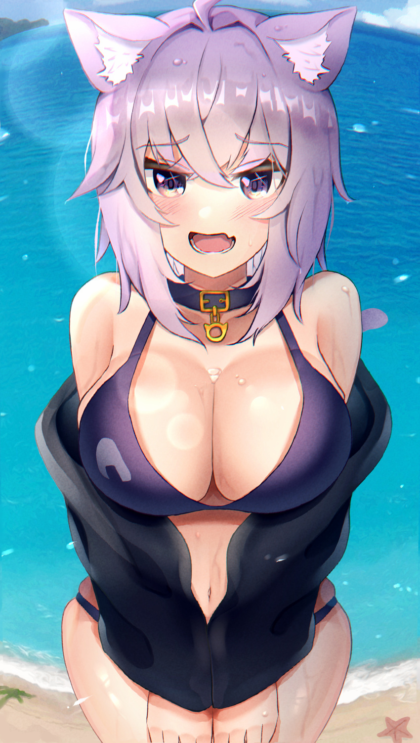 absurdres ahoge animal_collar animal_ear_fluff animal_ears bangs beach bikini black_collar blush breasts cat_ears cat_girl cleavage collar crossed_bangs female highres hololive hololive_gamers hololive_japan jacket large_breasts looking_at_viewer navel nekomata_okayu ocean okayu_ch. open_clothes open_jacket open_mouth purple_bikini purple_eyes purple_hair short_hair skindentation solo starfish swimsuit tonntorotororo v_arms virtual_youtuber