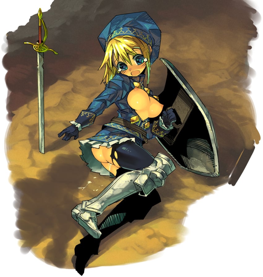 blonde_hair blush breasts breasts_out character_request cum defeated erect_nipples fantasy_earth_zero fbc female hat large_breasts metal_boots open_mouth shield short_hair solo sword tears torn_pantyhose