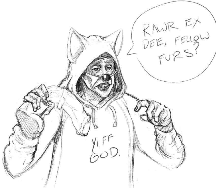 black_and_white clothing dildo fake_nose hi_res holding_dildo holding_object holding_sex_toy hoodie human male mammal meme monochrome sabrotiger sex_toy sketch solo steve_buscemi topwear