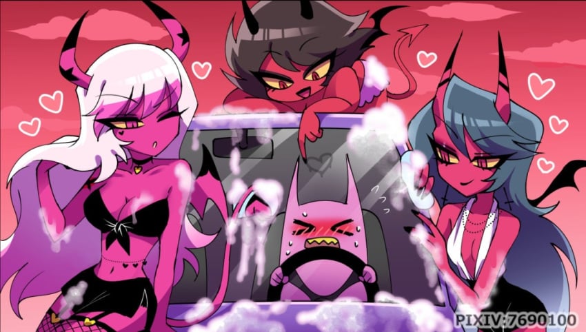 3girls bikini black_fingernails blush car car_wash car_wheel choker creature demon drawing embarrassed gray_hair heart helluva_boss horn horny kiki_(helluva_boss) laying_down lipstick milky_(helluva_boss) miniskirt pink_eyes pink_skin pink_underwear pixiv red_eyes red_skin smiling stockings succubus tail verosika_mayday_(helluva_boss) vivienne_medrano white_hair wings