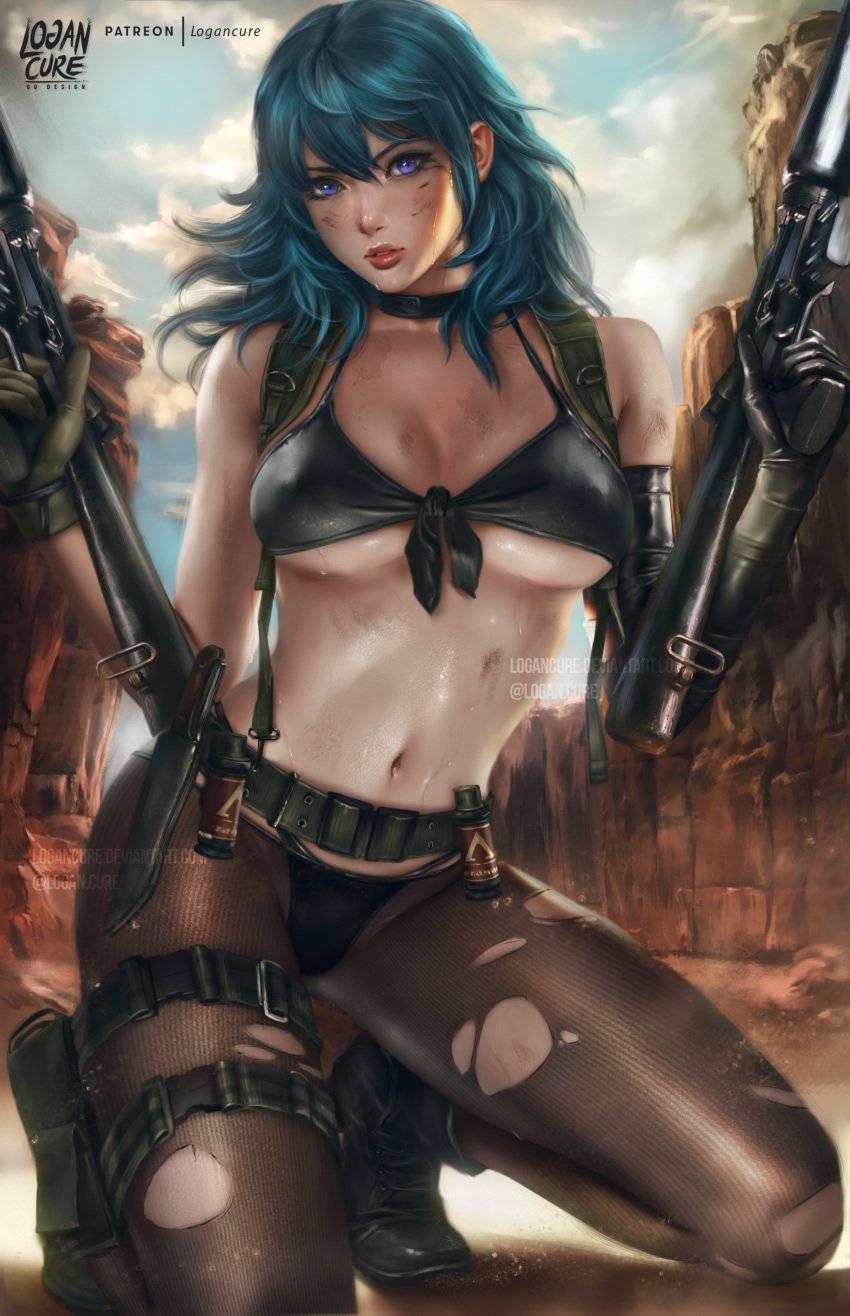 1girls absurdres alternate_costume artist_logo artist_name asymmetrical_gloves bangs belt bikini black_bikini black_panties blue_eyes blue_hair boots breasts byleth_(female)_(fire_emblem) byleth_(fire_emblem) byleth_(fire_emblem)_(female) choker cosplay day dirty dirty_face dual_wielding elbow_gloves female_only fire_emblem fire_emblem:_three_houses front-tie_bikini front-tie_bikini_top front-tie_top gloves gun highres holding kneeling knife large_breasts lips logan_cure long_hair looking_at_viewer medium_hair metal_gear_(series) metal_gear_solid metal_gear_solid_v metal_gear_solid_v:_the_phantom_pain mismatched_gloves navel nintendo outdoors paid_reward_available panties pantyhose patreon_username purple_eyes quiet_(metal_gear) quiet_(metal_gear)_(cosplay) reward_available short_hair single_elbow_glove sky solo sweat swimsuit teal_hair torn_clothes torn_legwear torn_pantyhose underboob watermark