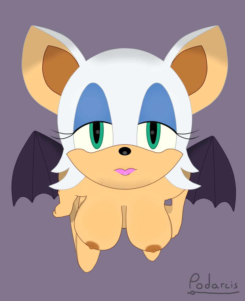 1girls anthro bat big_breasts demon_wings eyeshadow female female_focus female_only furry green_eyes huge_breasts looking_at_viewer makeup pocheris rouge_the_bat show solo sonic_(series) sonic_the_hedgehog_(series) succubus tan_body wings