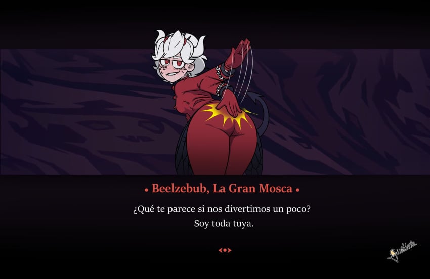 1girls ass ass_slap beelzebub_(helltaker) facing_viewer female female_focus female_only freckles gigalleta gloves helltaker looking_back monster_girl self_spanking spanish_text spanking suit tagme tail text white_hair