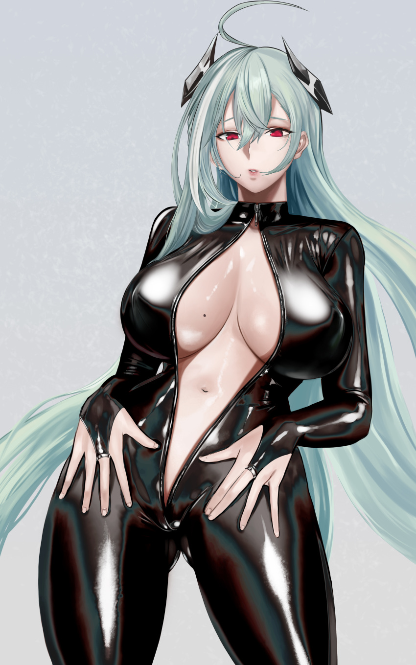 absurdres ahoge black_bodysuit bodysuit breasts bridal_gauntlets female gcg girls'_frontline headgear highres large_breasts latex latex_bodysuit light_green_hair long_hair ltlx_7000_(girls'_frontline) mole mole_on_breast navel red_eyes shiny shiny_skin solo very_long_hair