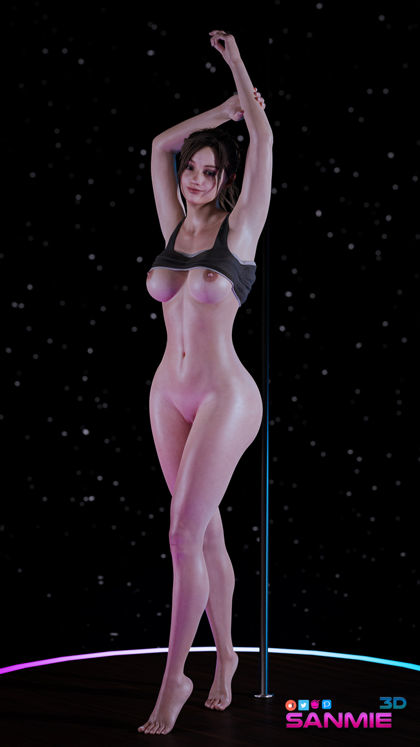 1girls 3d areolae armpits arms_up barefoot blender bottomless breasts brown_hair claire_redfield exposed_breasts feet female female_only legs looking_at_viewer no_bra no_panties pinup pole pulled_up_shirt pussy resident_evil sanmie3d smile smiling solo solo_female stretching strip_club strip_tease stripper_pole tagme tease teasing toes