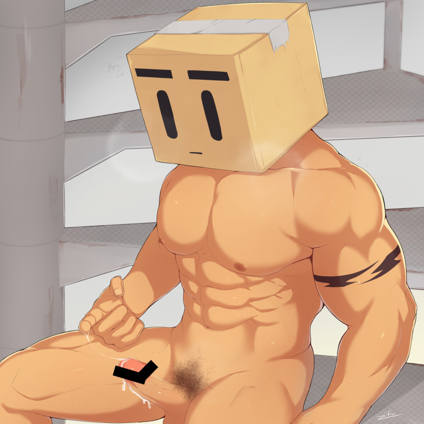 0_0 1boy abs arm_tattoo bar_censor bara box breath cardboard_box censored completely_nude cum cum_on_penis cum_string erection highres index_finger_raised large_pectorals male_focus male_pubic_hair mob_face muscular muscular_male navel nipples nude original pectorals penis precum precum_string pubic_hair see-through solo stomach tattoo thick_thighs thighs |_|