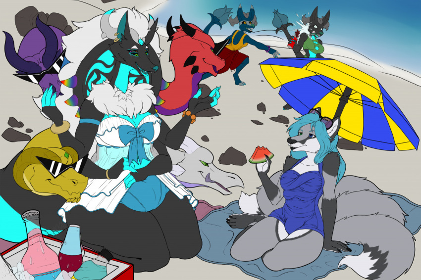 5_heads aleu_moonshadow anthro balls_outline beach beverage bikini black_body black_fur blue_body blue_fur blue_hair breasts bulge canid canine canis clothing cobra detailed_bulge dragon female food fox fruit fur futanari genital_outline grey_body grey_fur group gynomorph hair heterochromia hybrid intersex jackal mammal melon multi_breast multi_head nehmetaniat nikorokumitsero plant reptile running scalie seaside snake swimwear tanithjackal umbrella water_balloon watermelon