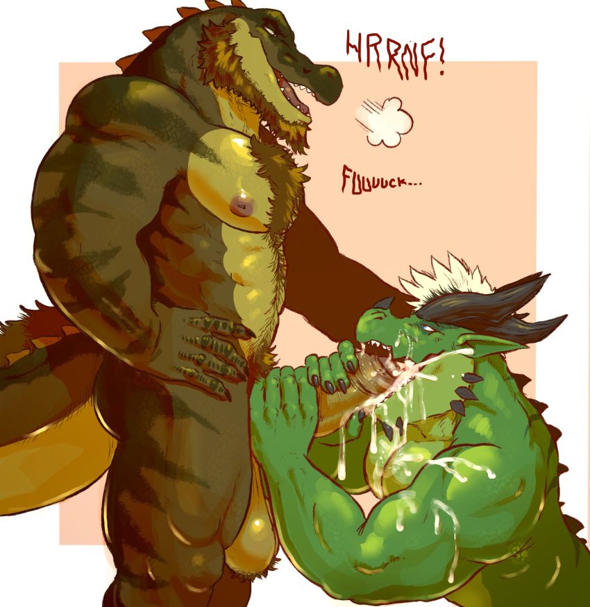 abs anthro azu_cacti balls beard biceps big_balls big_muscles big_penis big_tail biped bodily_fluids body_hair chest_hair chin_spikes claws countershade_face countershade_torso countershading crocodile crocodilian crocodylid cum cum_in_mouth cum_inside cum_on_chest cum_on_face cum_on_tongue digital_media_(artwork) dragon duo erection facial_hair facial_spikes fellatio foreskin genital_fluids genitals glans green_body green_scales hair hand_on_hip hi_res highlights_(coloring) horn huge_balls huge_cock huge_muscles huge_tail humanoid_genitalia humanoid_penis male male/male markings multicolored_body muscular muscular_anthro muscular_male nipples non-mammal_balls nude open_mouth oral orgasm pecs penile penis pubes reptile scales scalie serex sex simple_background spikes spikes_(anatomy) standing standing_sex teeth tongue tongue_out