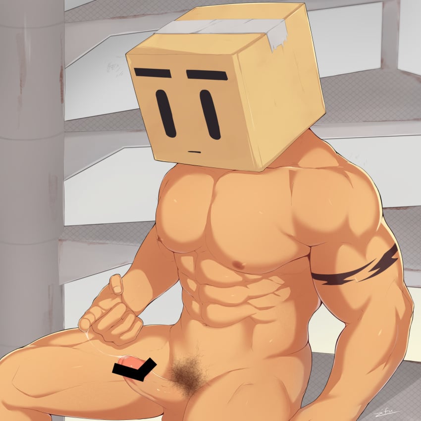 0_0 1boy abs arm_tattoo bar_censor bara box cardboard_box censored completely_nude cum cum_string erection highres index_finger_raised large_pectorals male_focus male_pubic_hair mob_face muscular muscular_male navel nipples nude original pectorals penis precum precum_string pubic_hair see-through solo stomach tattoo thick_thighs thighs zifu |_|