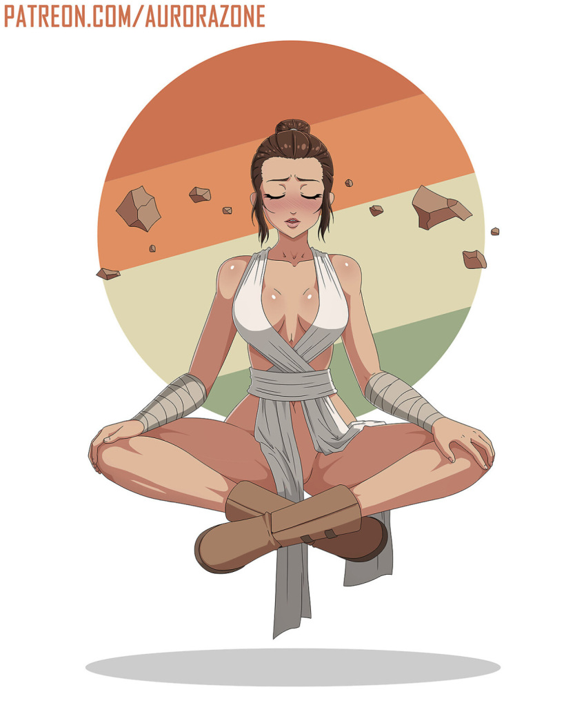 1girls aurora-zone barely_clothed brown_hair closed_eyes floating_objects jedi legs_crossed levitation meditating medium_breasts no_bra no_panties rey robe rocks simple_background sitting_on_air skimpy star_wars the_force