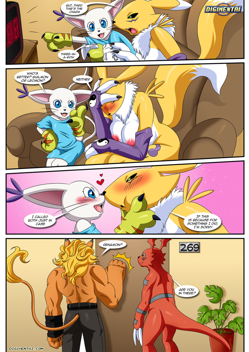 big_breasts comic dialogue digihentai digimon digimon_(species) digimon_adventure digimon_tamers digiphilia dirty_gamers female gatomon guilmon heart imminent_double_penetration imminent_sex leomon muscle palcomix renamon video_games