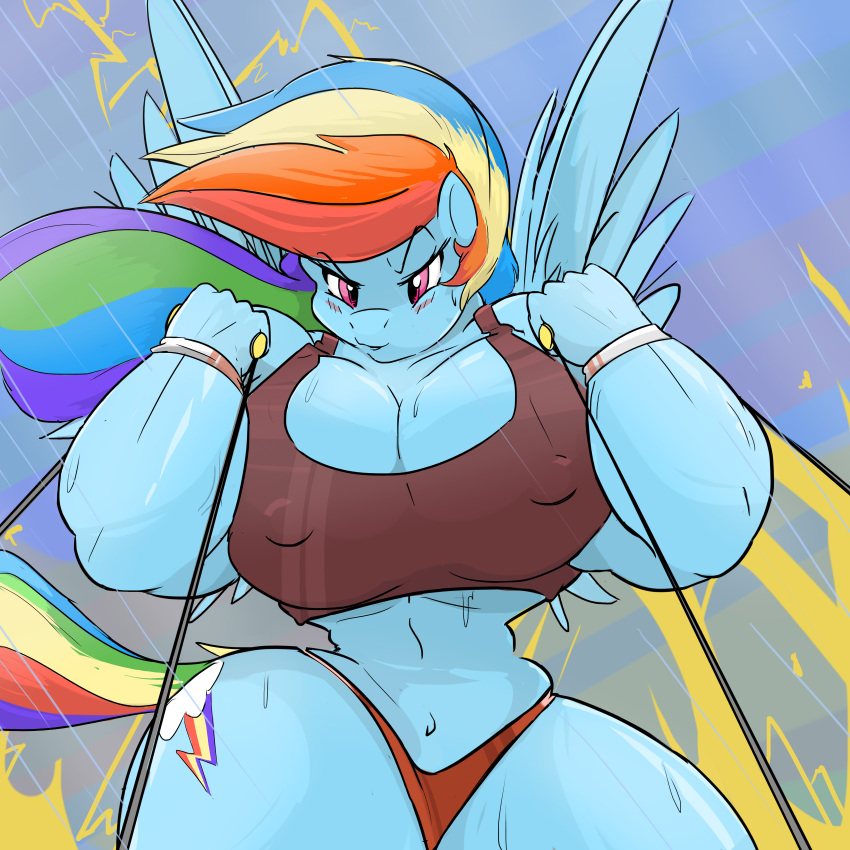 1:1 1girls 2014 absurd_res anthro anthrofied big_breasts blue_body blue_feathers blue_fur breasts cleavage clothed clothing commoddity cutie_mark equid equine feathered_wings feathers female female_only friendship_is_magic fur hair hasbro hi_res mammal multicolored_hair multicolored_tail muscular muscular_anthro muscular_female my_little_pony navel nipple_bulge nipples_visible_through_clothing outside pegasus rainbow_dash_(mlp) rainbow_hair rainbow_tail raining solo straight_hair wings