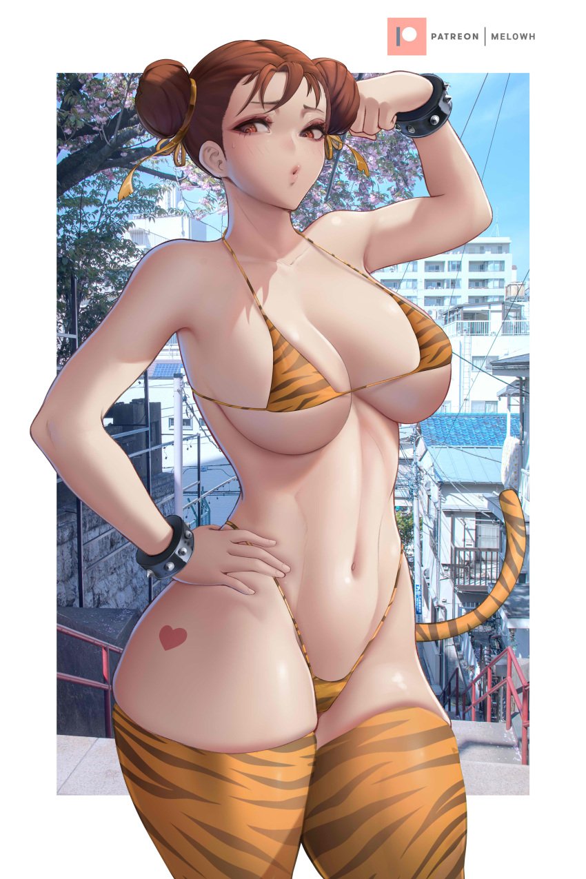 1girls abs absurd_res bangs bare_shoulders belly_button big_breasts bikini bikini_bottom bikini_top blush breasts brown_eyes brown_hair brunette capcom chun-li cleavage collarbone cuffs detailed_background double_bun female hair_bun hair_ribbon hand_on_hip hi_res highres hips huge_breasts large_breasts looking_at_viewer melowh micro_bikini midriff mouth_open open_mouth shiny_skin shoulders slim_waist small_waist solo street_fighter sweat sweatdrop thick thick_ass thick_thighs thigh_highs thighhighs thighs thong_bikini thunder_thighs tiger_print tiger_print_bikini tiger_print_legwear tiger_print_thong tiger_tail underboob waist white_background wide_hips