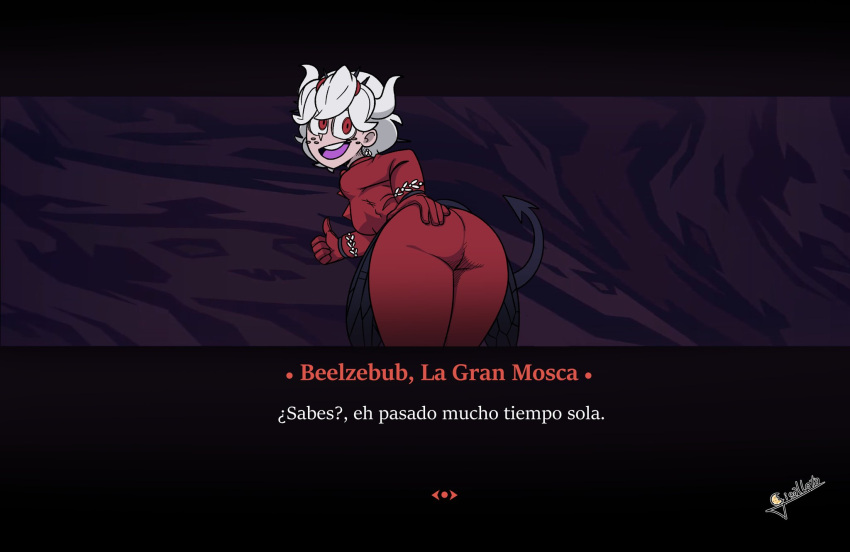 1girls ass ass_slap beelzebub_(helltaker) facing_viewer female female_focus female_only freckles gigalleta gloves helltaker looking_back monster_girl spanish_text spanking suit tagme tail text white_hair