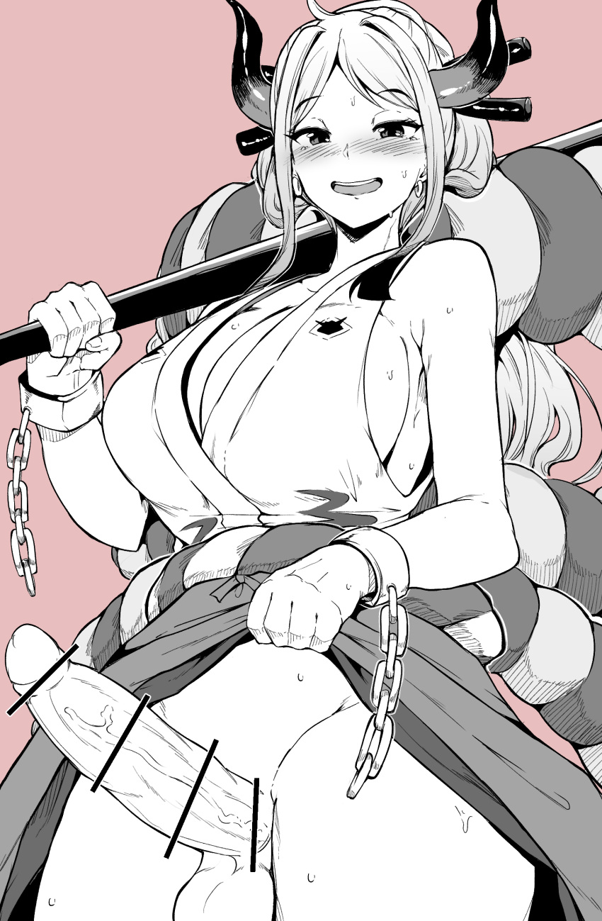 1futa balls big_breasts big_penis bottomless breasts censored cleavage clothed clothing curvy ear_piercing earrings erection futa_focus futa_only futanari hakama hakama_lift hi_res highres hoop_earrings horned_humanoid horns humanoid humanoid_penis kanabou large_breasts light-skinned_futanari light_skin long_hair makin_tama monochrome no_panties one_piece oni oni_horns partially_clothed penis shackles simple_background skirt skirt_lift solo standing thick_thighs white_background wide_hips yamato_(one_piece) youkai