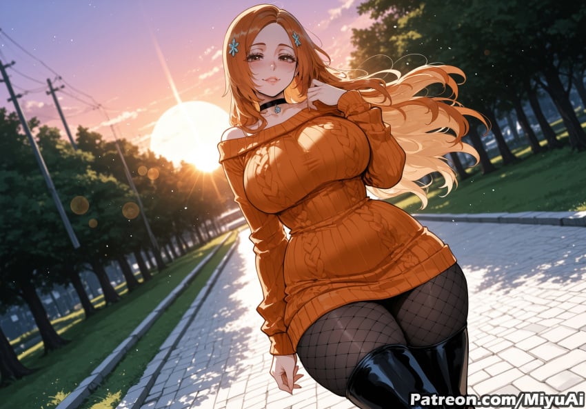 orihime_inoue bleach orange_hair mature_female pawg miyuai ai_generated ai_assisted thick_thighs thick_ass thick thick_legs thick_hips thick_butt wide_hips wide_thighs voluptuous voluptuous_female curvy curvy_figure curvaceous curvy_female female breasts 1girl rating:safe choker long_hair solo fishnets hair_ornament sweater thighhighs fishnet_legwear fence brown_eyes looking_at_viewer lamppost blush cleavage large_breasts pantyhose outdoors
