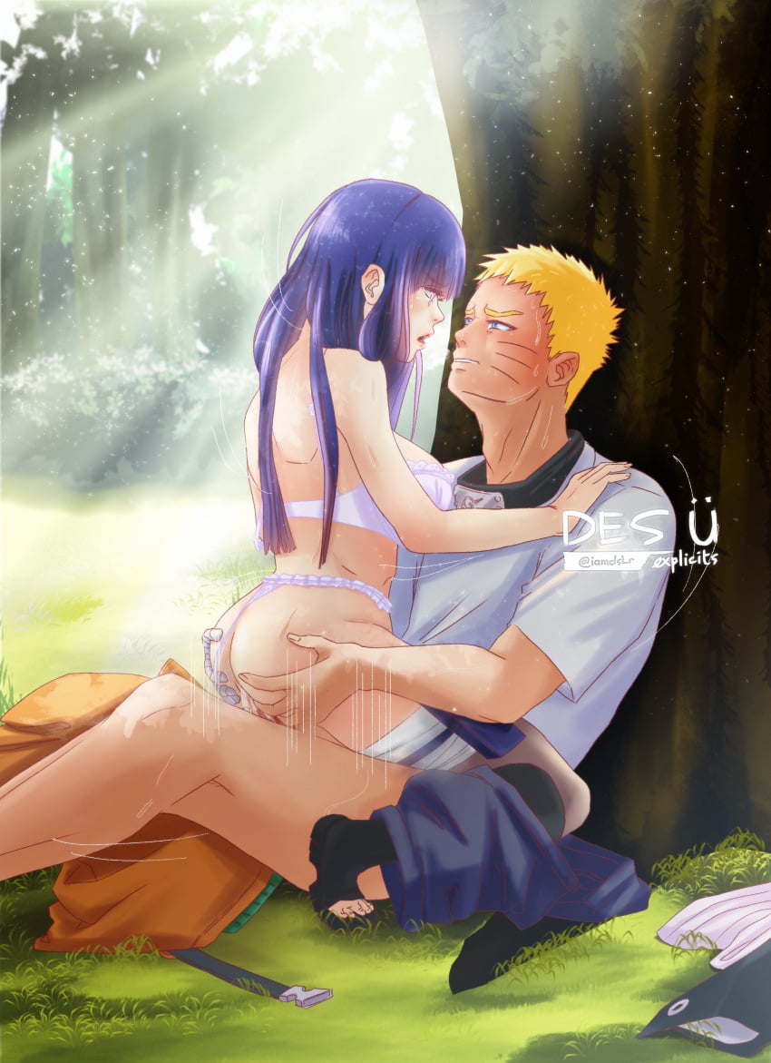 1boy 1boy1girl 1girls against_tree blonde_hair clothed_sex clothes_removed couple cowgirl_position des_&uuml; forest hyuuga_hinata lap long_hair male/female moaning naruto naruto:_the_last naruto_(series) naruto_shippuden nature on outdoors purple_hair sex short_hair sitting straddling straight sunlight tree underwear uzumaki_naruto