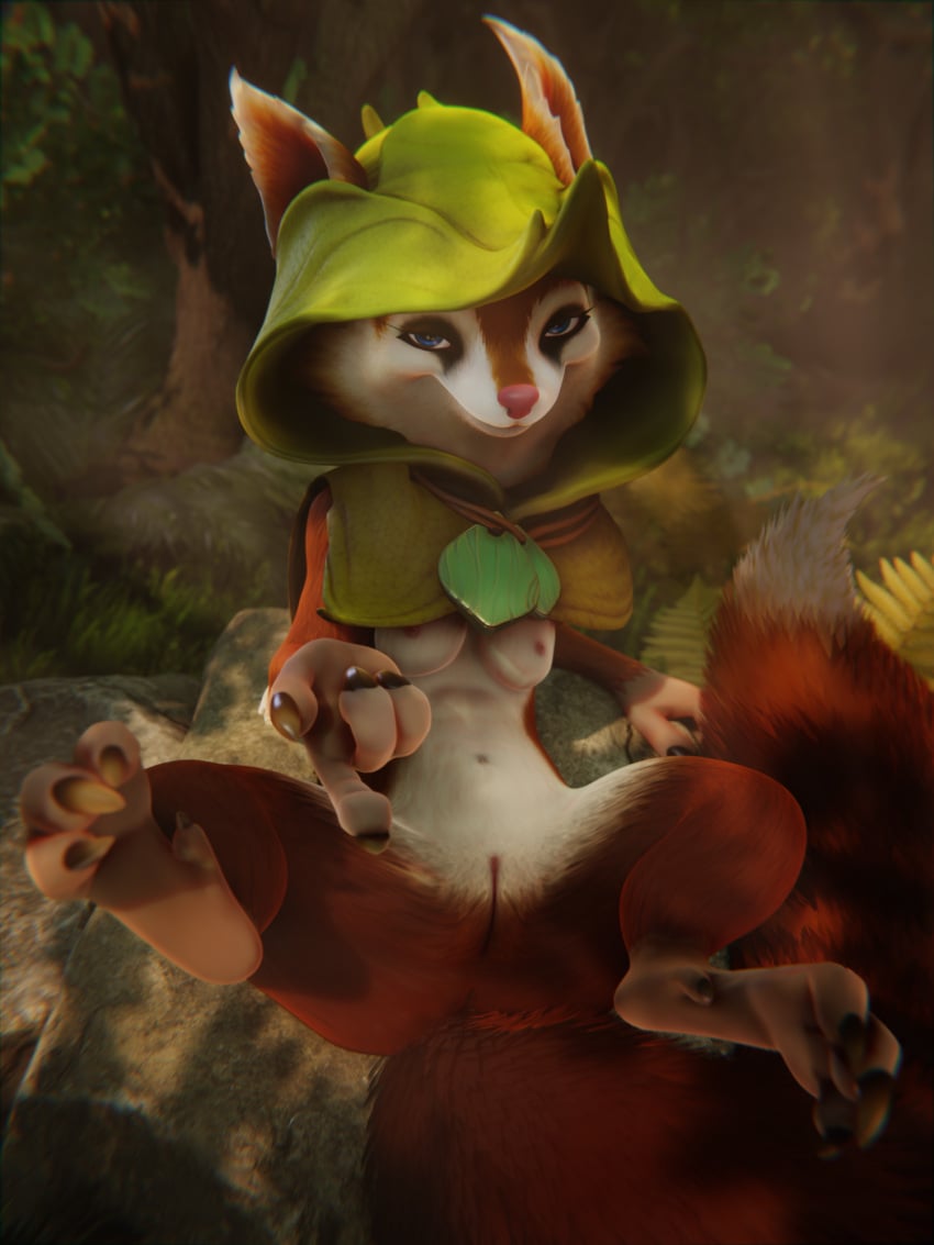 3d 4_fingers anthro anus breasts cape clothing dota dota_2 eyelashes feet female fingers foot_fetish forest forest_background fur genitals grass hi_res hood hoodwink_(dota) lies makeup mammal nature nature_background outside plant pussy red_body red_fur rock rodent sciurid seductive smile solo tail_tuft toes tree tree_squirrel tuft video_games vlad-lox white_body