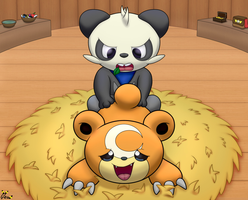 absurd_res black_body black_fur brown_body brown_fur building claws detailed_background duo everstone_guild female feral feral_on_feral frond_(pancham) fur gau_(artist) giant_panda hi_res house leaf looking_pleasured male male/female mammal nest nintendo open_mouth pancham pokémon_(species) pokémon_mystery_dungeon pokemon rita_(teddiursa) scarf sex smile teddiursa tongue ursid video_games white_body white_fur