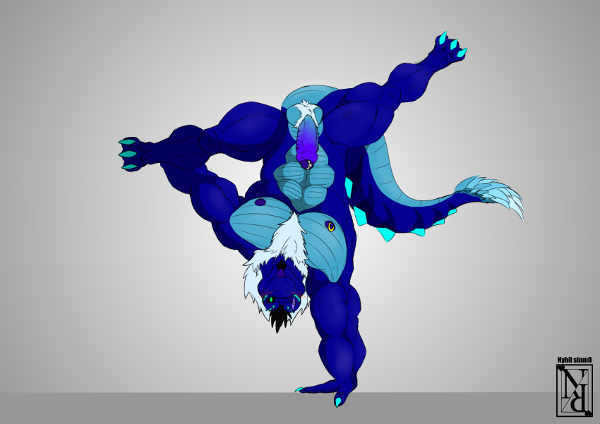 absurd_res anthro ball_tuft balls big_pecs black_eyes black_hair blep blinking blue_body body_hair bulge chest_hair claws dinosaur eye_scar facial_scar feathered_dinosaur feathers flexing flexing_muscles foreskin fur fur_tuft furred_dinosaur genital_piercing genitals green_eyes hair handstand hi_res humanoid_genitalia humanoid_penis male markings muscular nipple_piercing nipples nyhil_rex on_one_hand pecs penile_spines penis penis_piercing piercing pose prince_albert_piercing pubes purple_genitals reptile scale_markings scales scalie scar simple_background solo spiked_tail spikes spikes_(anatomy) tail_feathers tail_markings thick_tail tongue tongue_out tuft upside-down