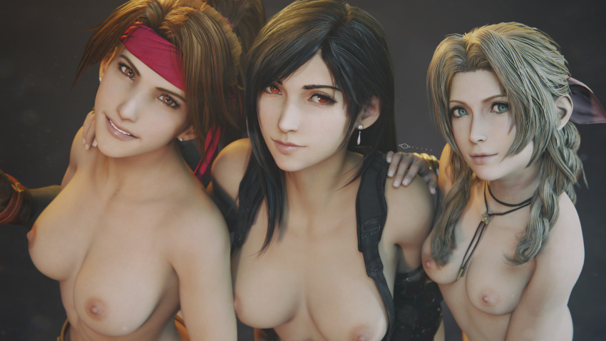 3d 3girls accurate_art_style aerith_gainsborough areolae bandana black_hair breast_size_difference breasts brown_eyes brown_hair earrings female female_only final_fantasy final_fantasy_vii final_fantasy_vii_remake green_eyes headband jessie_rasberry large_breasts long_hair looking_at_viewer nipples official_style red_eyes smile tayra tifa_lockhart