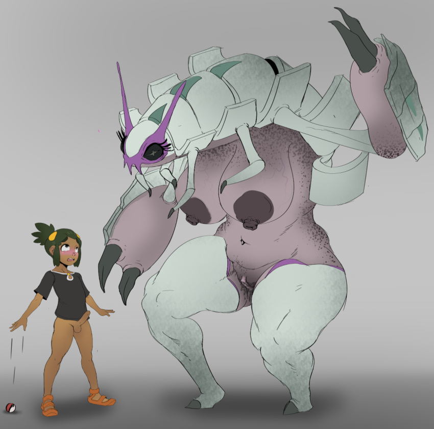 age_difference anthro anthrofied arthropod athletic_female bleachedleaves bodily_fluids bottomless breasts clothed clothing erection eyelashes female genital_fluids genitals golisopod gradient_background hau_(pokemon) hi_res human insect_girl larger_anthro larger_female male mammal nintendo nipples non-mammal_breasts older_anthro older_female penis pokéball pokémon_(species) pokemon pokemon_sm pussy pussy_juice simple_background size_difference smaller_human smaller_male stocky testicles thick_thighs veiny_breasts video_games younger_human younger_male