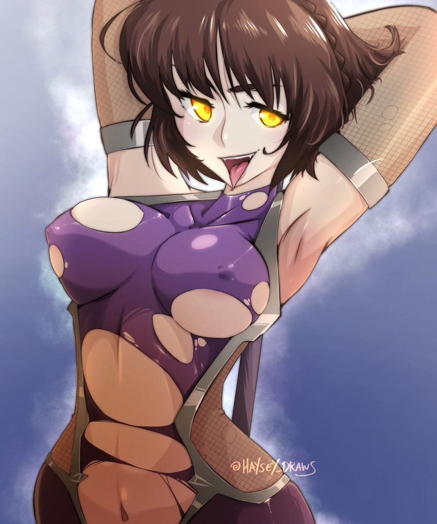 arms_behind_head breasts fishnets haysey_draws makoto_niijima medium_breasts nipples persona persona_5 ripped_clothing shadow_self_(persona) tongue_out yellow_eyes