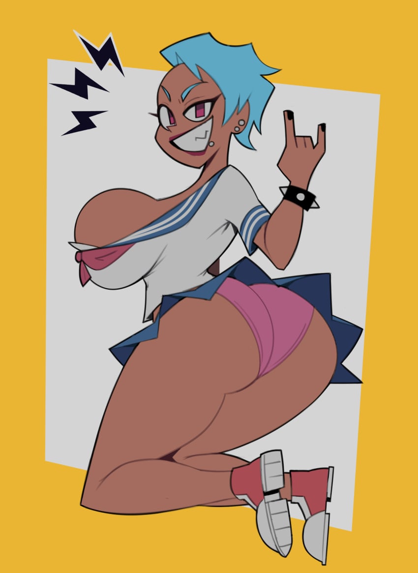 bare_legs bell_1609 big_ass big_breasts big_butt bliss_falls blue_hair brown_eyes dark-skinned_female devil_horns jumping oc offbrand_sam original_character panties piercing pink_panties punk punk_girl school_uniform schoolgirl shoes skirt skirt_lift thick_ass thick_thighs underwear upskirt