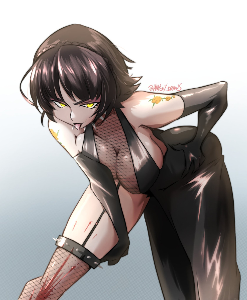 bending_over blood blood_on_leg breasts haysey_draws licking makoto_niijima persona persona_5 pose shadow_sae_(cosplay) shadow_self_(persona) yellow_eyes