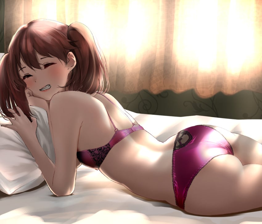 ass back bangs bare_arms bare_shoulders bed blush bra breasts brown_hair closed_eyes curtains eyebrows_visible_through_hair female grin hair_between_eyes highres indoors kantai_collection light_rays looking_at_viewer lying on_bed on_stomach panties pillow pink_bra pink_panties ryuujou_(kantai_collection) satin satin_bra satin_panties satin_underwear small_breasts smile solo tama_(seiga46239239) the_pose twintails underwear underwear_only window