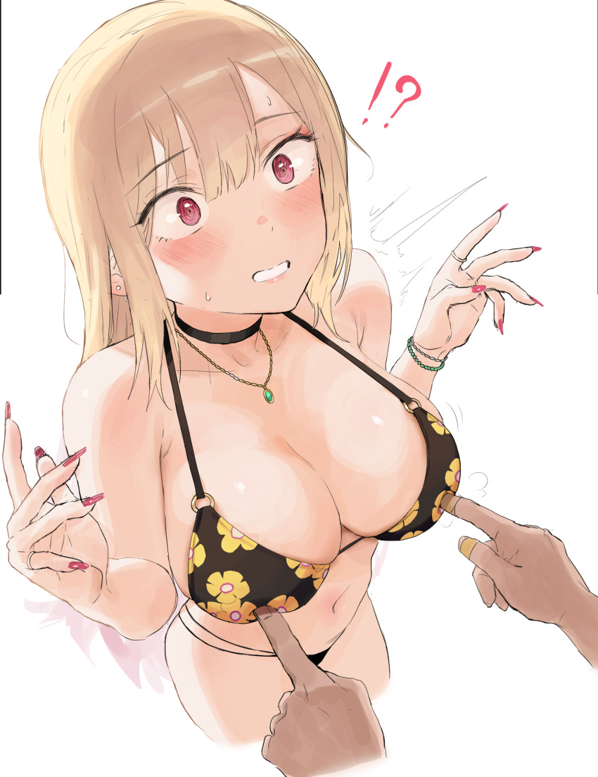 !? bikini black_choker blonde_hair bracelet breast_poke breasts choker cleavage earrings fake_nails female floral_print gyaru highres jewelry kitagawa_marin lace lace_choker large_breasts long_fingernails long_hair mochirong multi-strapped_bikini necklace poking red_eyes ring sono_bisque_doll_wa_koi_wo_suru standing string_bikini surprised swimsuit white_background