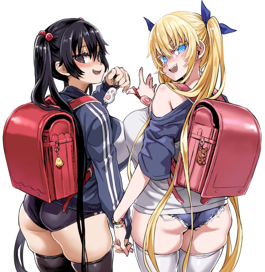 2girls asanagi ass asymmetrical_docking backpack bag big_ass black_hair black_legwear blonde_hair blue_eyes blue_ribbon blue_shorts breast_press breasts brown_eyes crime_prevention_buzzer denim denim_shorts from_behind hair_bobbles hair_ornament hair_ribbon holding_hands huge_ass interlocked_fingers jacket large_breasts long_hair looking_at_viewer looking_back multiple_girls oerba_yun_fang open_mouth original randoseru ribbon schoolgirl short_shorts shorts simple_background smile teeth thick_thighs thighhighs thighs track_jacket twintails white_background white_legwear yuri