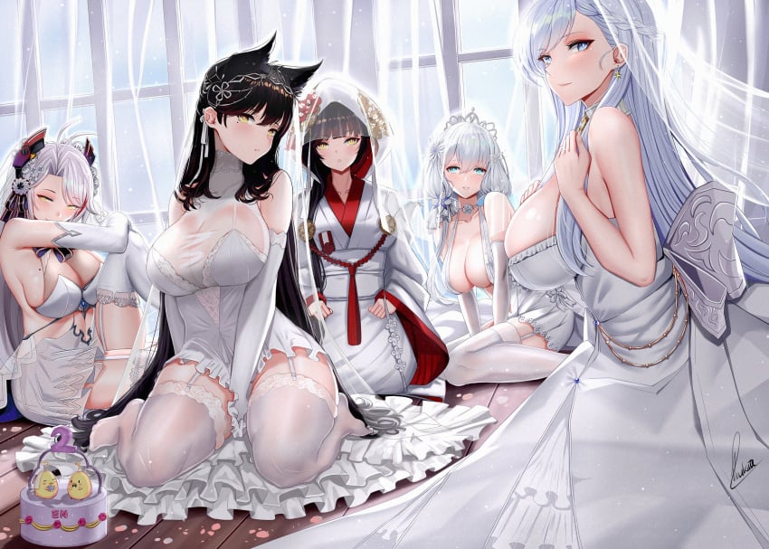 atago_(azur_lane) azur_lane belfast_(azur_lane) big_breasts bride females illustrious_(azur_lane) looking_at_viewer looking_pleasured piukute062 prinz_eugen_(azur_lane) prinz_eugen_(symphonic_fate)_(azur_lane) stockings takao_(azur_lane) wedding_dress wedding_ring white_shirt