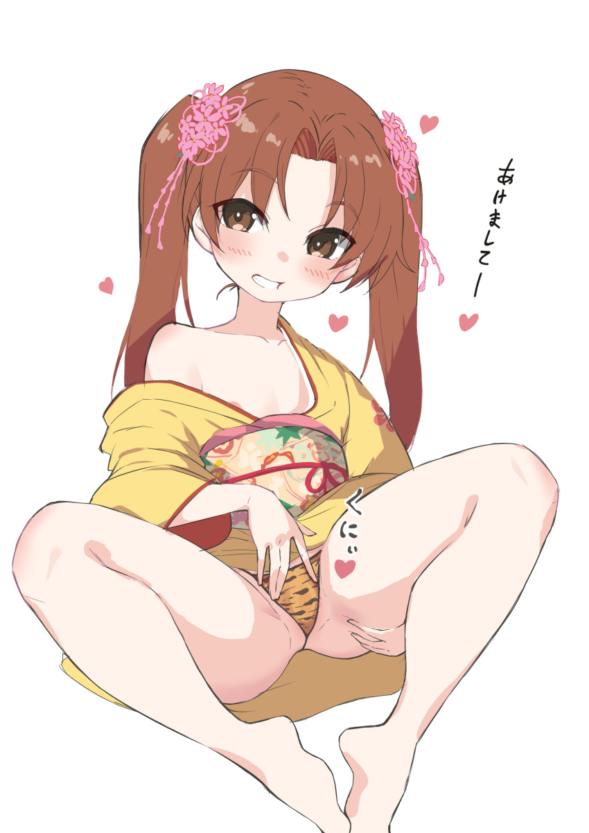 absurdres akeome animal_print areola_slip areolae bangs barefoot blush brown_eyes brown_hair clothes_lift commentary_request eyebrows_visible_through_hair eyes_visible_through_hair female female flat_chest floral_background girls_und_panzer grin hair_ornament hand_on_own_crotch happy_new_year heart highres japanese_clothes kadotani_anzu kimono kimono_lift knees_up lifted_by_self long_hair looking_at_another looking_at_viewer new_year obi off_shoulder orange_panties panties parted_bangs print_kimono print_panties sash simple_background sitting smile solo spread_legs spread_pussy_under_clothes tiger_print translated twintails underwear white_background yabai_gorilla yellow_kimono