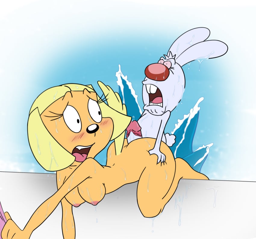 absurd_res alternate_breast_size anthro ass blush brandy_and_mr._whiskers brandy_harrington breasts butt_grab canid canine canis disney domestic_dog erection female genitals hand_on_butt hanging_breasts hi_res hot_dogging humanoid_genitalia humanoid_penis lagomorph leporid looking_back male mammal mr._whiskers nipples nude open_mouth partially_submerged penis pokachu_(artist) pussy questionable_consent rabbit splash water wet