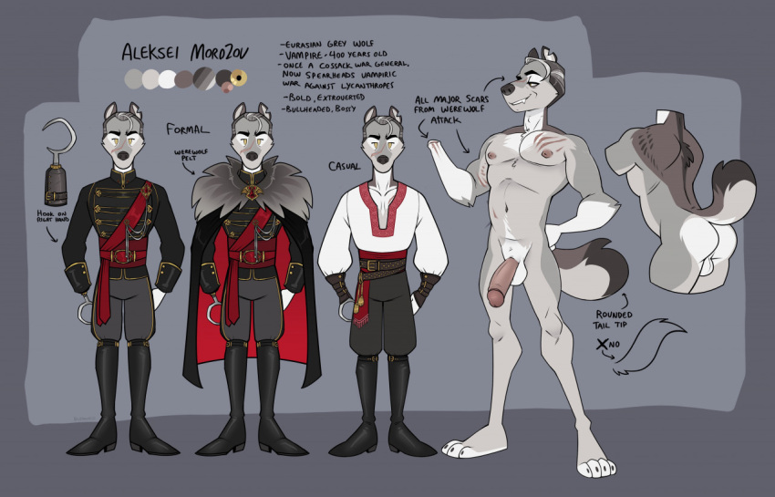 aleksei_(cadaverrdog) alternate_costume amputee anthro balls big_penis cadaverrdog canid canine canis disability fangs genitals grey_hair hair hook_hand huge_cock male mammal model_sheet musclegut penis scar smile smirk smug smug_face solo vampire wolf