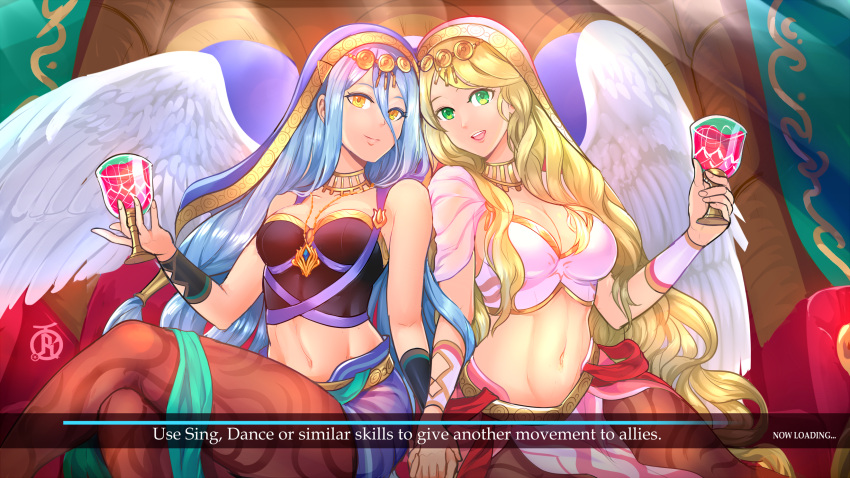 2022 2girls alternate_costume alternate_version_available angel_wings artist_logo azura_(fire_emblem) azura_(hatari)_(fire_emblem) bangs bare_shoulders belly_button blonde_hair blue_clothing blue_hair breast_size_difference breasts capelet choker cleavage closed_mouth clothed clothed_female color cup dancer dancer_outfit detached_collar english_text female fire_emblem fire_emblem:_radiant_dawn fire_emblem_fates fire_emblem_heroes glass gold_trim green_eyes habit hi_res highres hips holding holding_cup holding_hands holding_object jewelry large_breasts leanne_(fire_emblem) leanne_(hatari)_(fire_emblem) long_hair looking_at_viewer medium_breasts midriff multiple_girls navel necklace nintendo off-shoulder_shirt off_shoulder official_alternate_costume open_mouth pantyhose pelvic_curtain png print_legwear revolverwingstudios shirt slim_waist smile strapless text thick_thighs thighs tights white_clothing white_wings wide_hips wings yellow_eyes