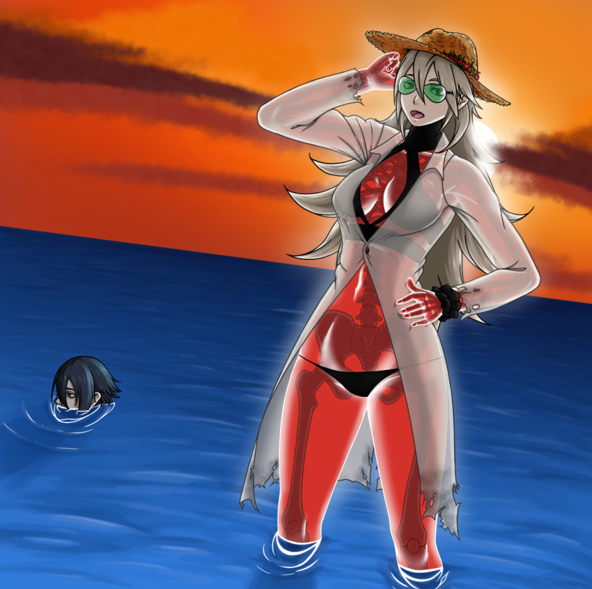 1boy 1girls :d alternate_costume bare_legs bikini black_bikini black_swimsuit breasts coat commission fire_emblem fire_emblem_heroes green-tinted_eyewear hat highres lif_(fire_emblem) long_hair looking_at_viewer medium_breasts navel nintendo ocean open_mouth outdoors partially_submerged randomfacelessnobody see-through skeleton skelly_jelly smile solo_focus sunglasses sunset swimsuit thrasir_(fire_emblem) tinted_eyewear translucent_skin water