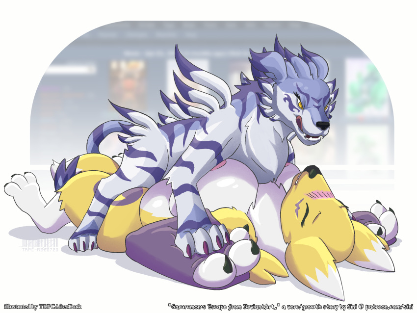 4:3 anthro anthro_on_feral bandai_namco blush breasts canid canine digimon digimon_(species) duo female feral garurumon hi_res levinsig_(artist) licking licking_lips male/female mammal on_top pinned renamon tongue tongue_out zoophilia