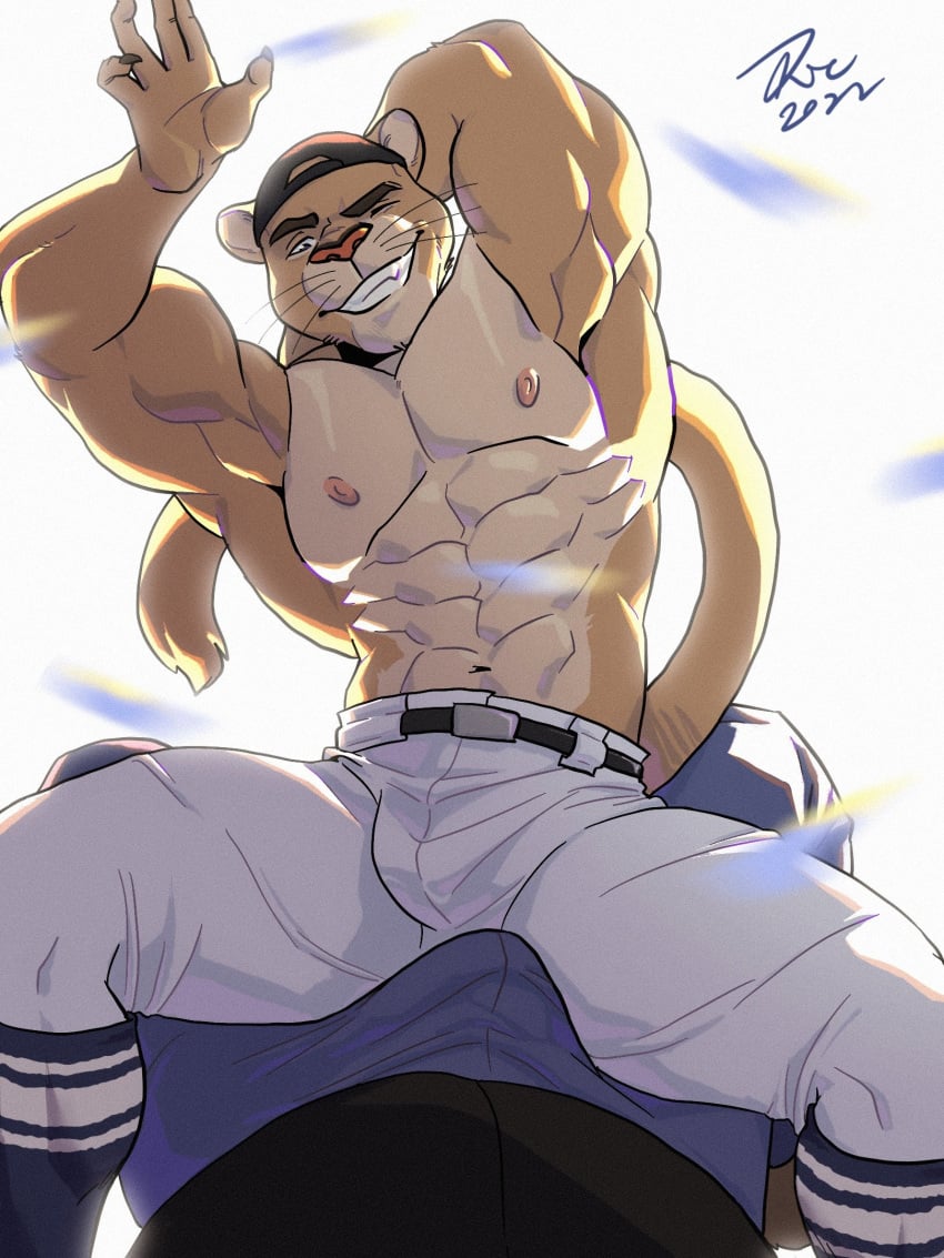 2022 anthro anthro_on_top baseball baseball_cap baseball_uniform belly big_muscles black_clothing black_hat black_headwear blue_eyes bulge bulge_frottage clothed clothing cougar duo erect erection erection_under_clothes felid feline hat headgear headwear hi_res looking_at_viewer looking_pleasured male male/male male_on_top male_only mammal muscular nipples on_top open_hand ric_beef_pot simple_background smile white_background yaco_puma yaco_puma_striptease yaquis_de_obregon yaquis_obregon