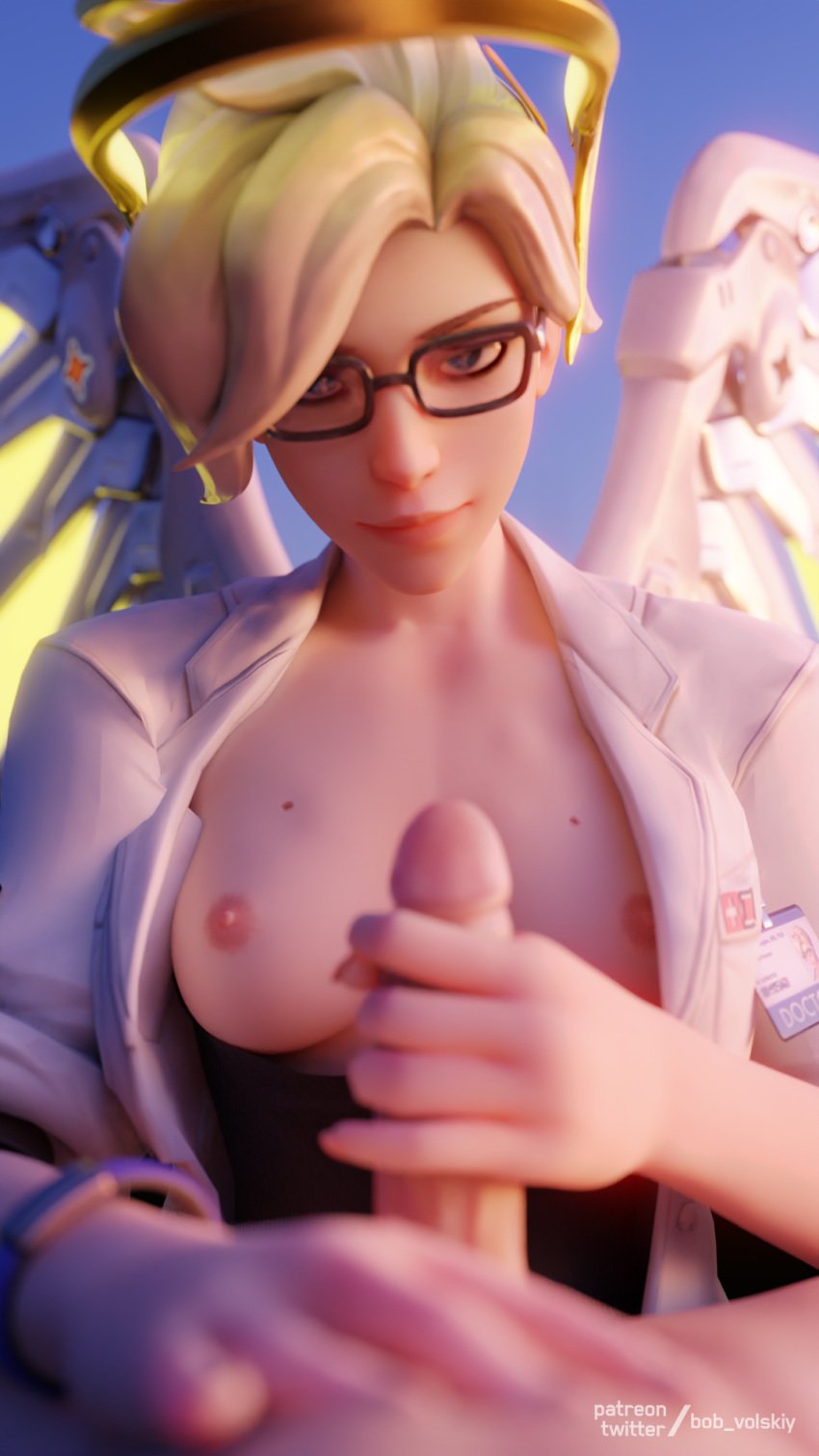 2020 3d 3d_(artwork) alternate_costume alternate_version_available blizzard_entertainment blonde_hair blue_eyes bobvolskiy breasts dr._ziegler female glasses handjob light-skinned_female light-skinned_male light_skin looking_at_viewer male male_pov mercy nipples overwatch pale-skinned_female pale-skinned_male pale_skin penis pov pov_male straight