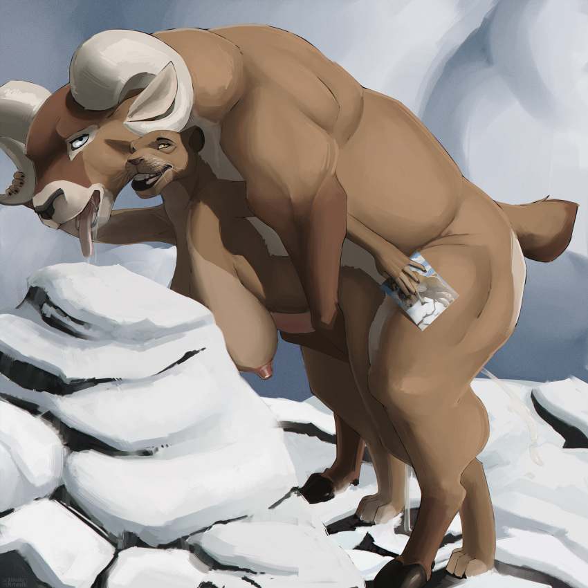 akkusky anthro anthro_on_feral big_breasts bodily_fluids bovid breasts bulge caprine cock_bulge cum cum_inside drooling duo felid female feral genital_fluids hi_res horn lion male male/female mammal messy mountain muscular nipples orgasm pantherine ram_(jelomaus) saliva size_difference snow tongue tongue_out zoophilia