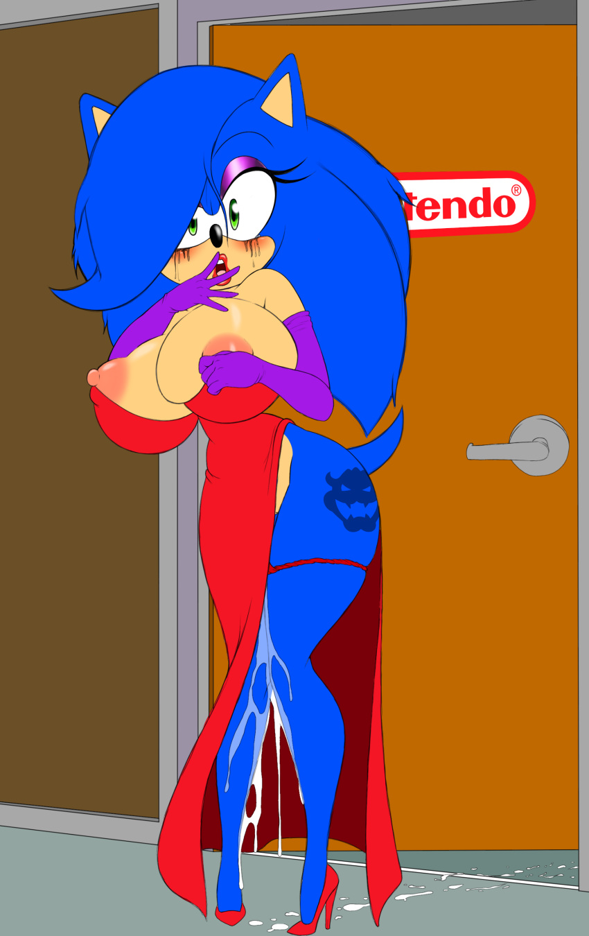 after_sex anthro anthro_only anthro_penetrated areola areola_slip big_breasts blue_tail blush blushing bowser cum cum_drip cum_dripping cum_dripping_out_of_pussy cum_trail curvy_figure dark_whisper door door_handle doorway eyelashes female green_eyes hair_between_eyes hair_covering_one_eye high_heels lipstick looking_at_viewer makeup mario_(series) mascara mascara_tears nintendo nipples office pink_areola pink_nipples purple_eyeshadow purple_gloves red-dress red_lipstick red_panties red_shoes rule_63 sega sex_slave sonic_(series) sonic_team sonic_the_hedgehog sonic_the_hedgehog_(archie) sonic_the_hedgehog_(comics) sonic_the_hedgehog_(idw) sonic_the_hedgehog_(series) sonique_the_hedgehog surprised