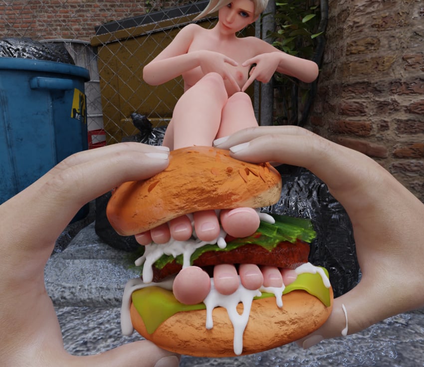 3d ambiguous_gender backstreet blonde blue_eyes cum eating eating_food feet feet_burger female finger_heart food foot_fetish foot_focus garbage garbage_bags garbage_bin gretdb gross hamburger meme mercy overwatch partial_male pov toes